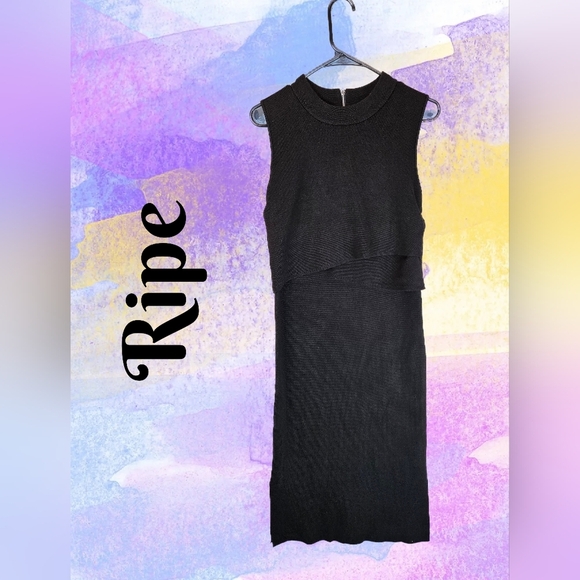 Ripe Womens Maternity Layered Nursing Flap Black Knit Dress Sz S Mock Neck Midi - Picture 1 of 11